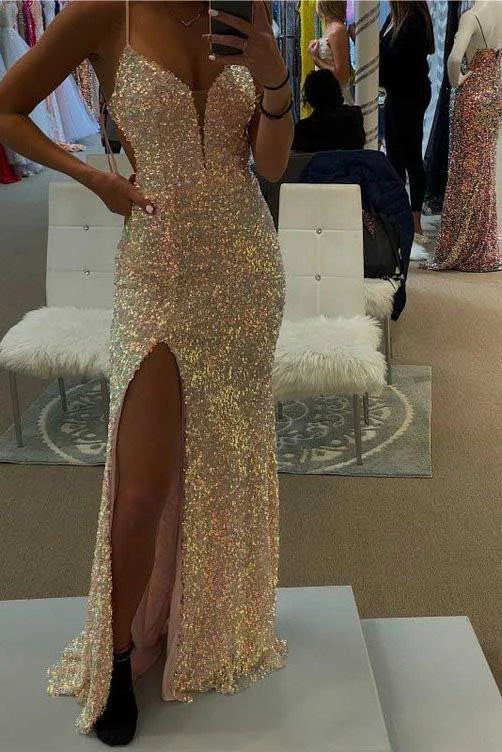 Luolandi Shiny Spaghetti Straps Backlesss Sequins Long Party Dress Sexy Evening Dress